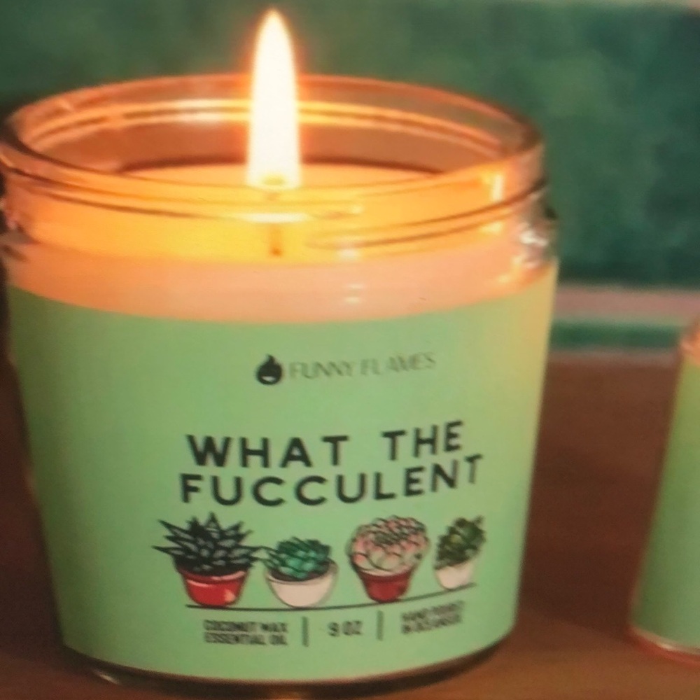 Funny Flames Plant Lover What The Fucculrnt Humorous Scented 9 Oz Pine Candle - Picture 1 of 4